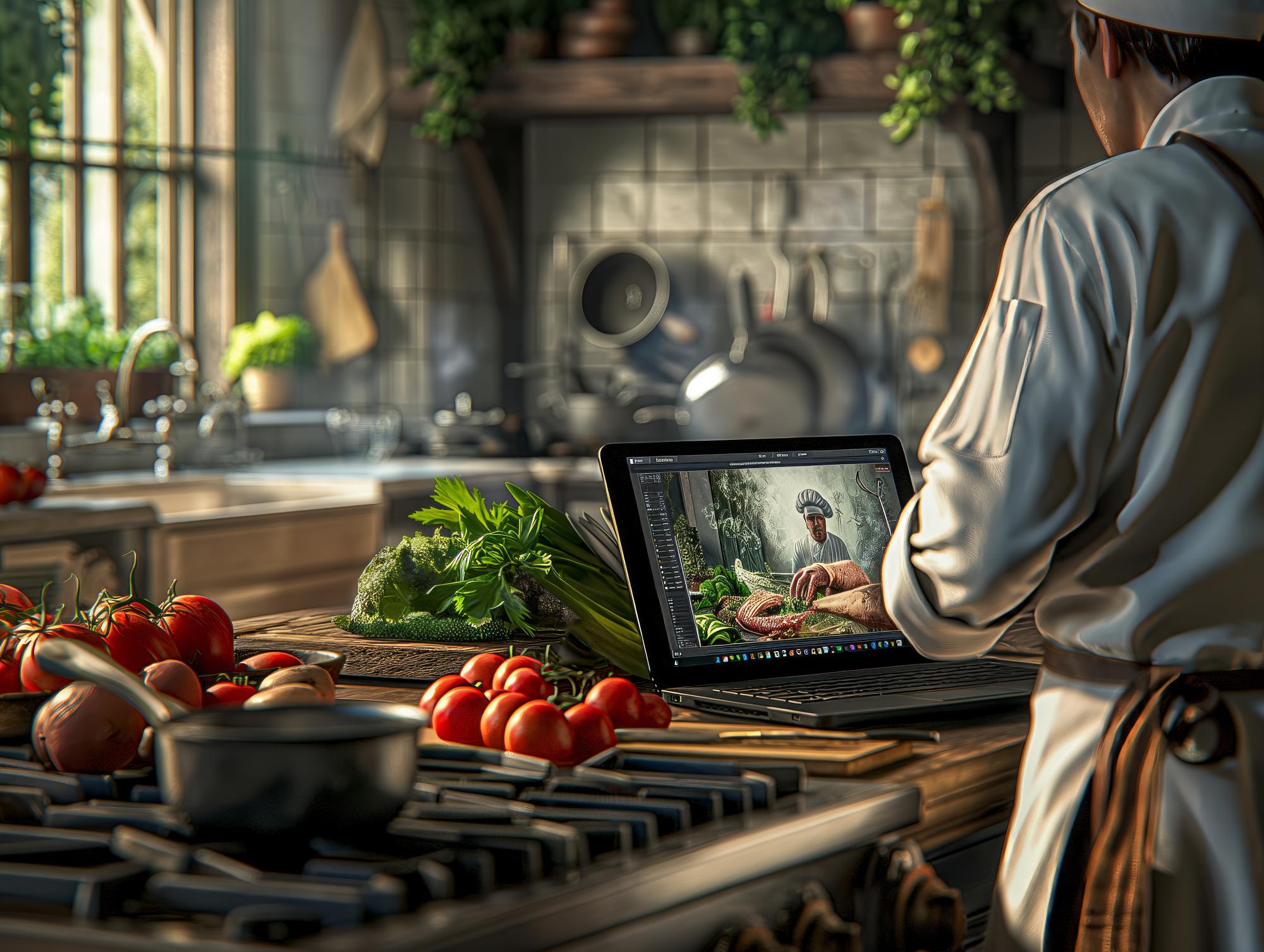 Professional kitchen workflow on laptop